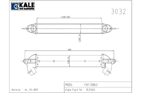 KALE TURBO RADYATÖRÜ (INTERCOOLER) FIAT DOBLO 1.3/1.9 MJT (2001-2010) ürün görseli 1