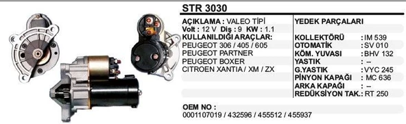 DODO MARŞ MOTORU 9 DİŞ 12V D6R PEUGEOT PARTNER 306-406-405-605 BOXER/CITROENXANTIA/XM/ZX  VALEO TİP ürün görseli 1