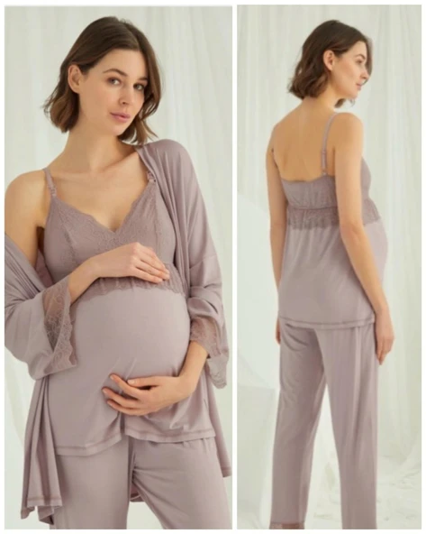 BirolGaye 1767 Pudra Modal Penye Hamile Lohusa 3 Lü Pijama Sabahlık Tk ürün görseli 1