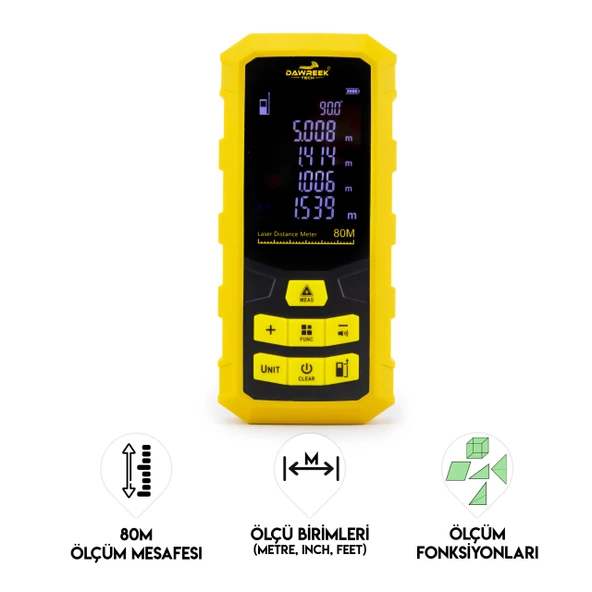 DAWREEK MESAFE ÖLÇER H01 YELLOW 80 Metre Dijital El Tipi Mesafe Ölçüm Cihazı ürün görseli 1