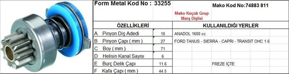 FORM METAL MARŞ DİŞLİSİ 10 DİŞ 6 KANAL MAKO TİPİ ANADOL 1,6 FORD TAUNUS SIERRA CAPRI TRANSIT 1,6 FREZE İÇTE  DS=10 DKÇ=27 BOY=71 KS=10 BDÇ=11,6 GÇ=44,5 ürün görseli 1