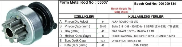 FORM METAL MARŞ DİŞLİ-9DİŞ  ALFA ROMEO-FIAT BRAVA,MAREAFORD GRANADA,TRANSIT - OPEL ürün görseli 1