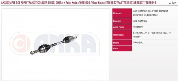 ANKA AKS KOMPLE SOL FORD TRANSIT COURIER 1.5DCI 14- ürün görseli 1