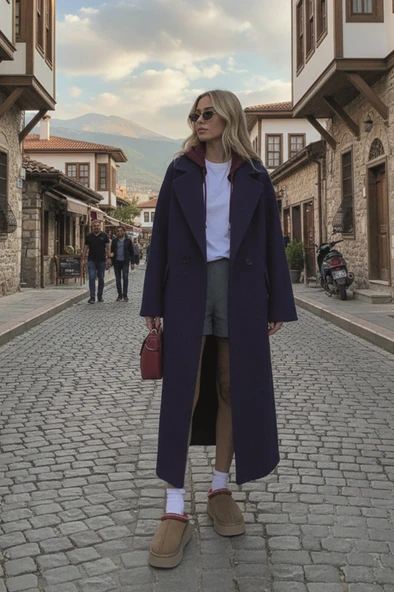 Kışlık Astarlı Sırtı Detaylı Kadın Kaşmir Kaban ürün görseli 1