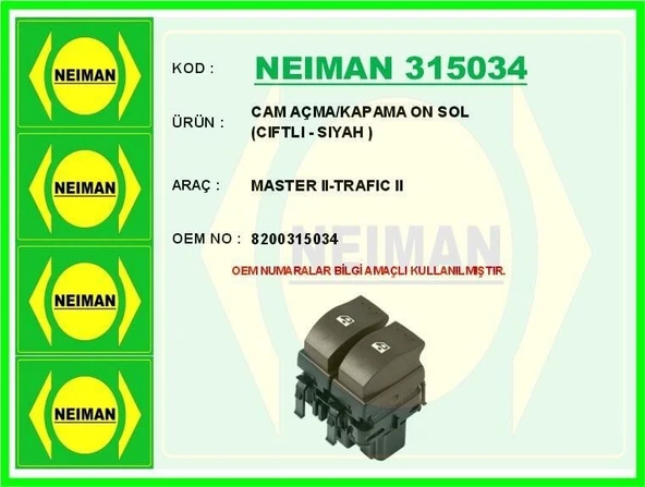 NEIMAN CAM AÇMA/KAPAMA ON SOL  ( CIFTLI - SIYAH ) MASTER II-TRAFIC II ürün görseli 1
