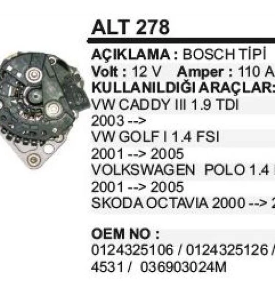 PMX ALTERNATÖR 12V 110A VW CADDY III 1.9TDİ 03-/ GOLF I POLO 1.4 FSİ 01-05 SKODA OCTAVIA 00-03 BOSCH TİP ürün görseli 1