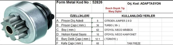 FORM METAL MARŞ DİŞLİSİ 9 DİŞ 10 KANAL BOSCH TİPİ CITROEN JUMPER TURBO OTOYOL IVECO MINIBUS KAMYONET TAM FREZE ürün görseli 1