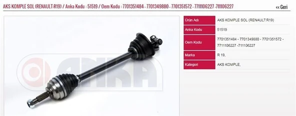 ANKA AKS KOMPLE SOL (10101002) RENAULT R19 ürün görseli 1