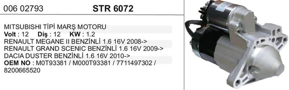 REMARK MARŞ MOTORU MITSUBISHI TİP DACIA DUSTER II/LOGAN/ RENAULT MEGANE III 1,6 2008-> ürün görseli 1