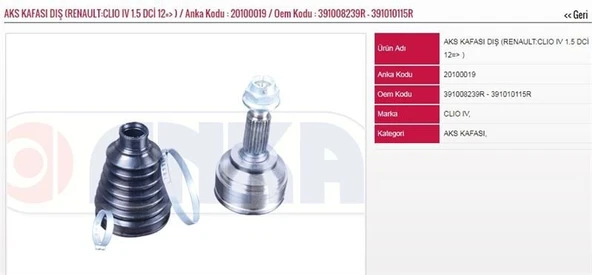ANKA AKS KAFASI DIŞ 1.5 DCİ 2012-2024 RENAULT CLIO IV ürün görseli 1