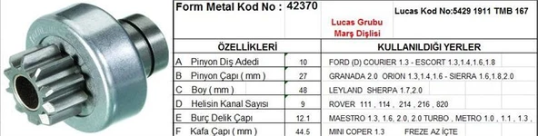 FORM METAL MARŞ DİŞLİSİ 10 DİŞ 9 KANAL LUCAS TİPİ FORD ESCORT GRANADA SIERRA ROVER MINI COOPER AZ FREZE İÇTE  DS=10 DKÇ=26,8 BOY=48 KS=9 BDÇ=12,1 GÇ=46,5 ürün görseli 1