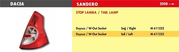 MARS STOP LAMBA DACIA SANDERO / SAĞ (2008 >) (DUYSUZ) ürün görseli 1