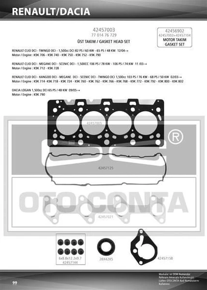 OTOCONTA MOTOR TAKIM CONTASI ÜST (OTOCONTA TEFLON KEÇELİ SUBAP LASTİKLİ) RENAULT MEGANE CLIO LOGAN SANDERO 1. K9K 712-714-718-724-760-792-796 ürün görseli 1