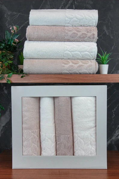 Hazal %100 Pamuklu Kutulu 4'lü Banyo Havlu Seti Hamam Takımı 50x90 - 90x150 Bej-Krem - 00081 ürün görseli 1