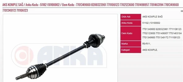 ANKA AKS KOMPLE SAĞ (10100002) RENAULT R9 ürün görseli 1