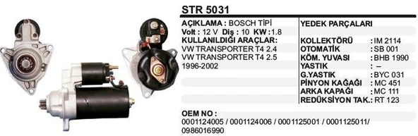 DODO MARŞ MOTORU 10 DİŞ 12V VW TRANSPORTER 2.4/2.5 BOSCH TİP ürün görseli 1