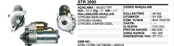 DODO MARŞ MOTORU 11 DİŞ 12V D7R CITROEN BERLINGO-XSARA-JUMPER DİZEL  VALEO TİP ürün görseli 1