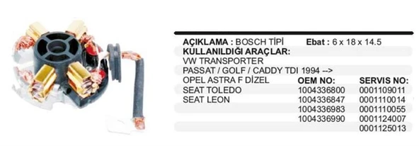 MEGA BO1584 12V KÖMÜR YUVASI VW TRANSPORTER POLO BORA SKODA FELICIA 6×18X14,5 BOSH TİPİ ürün görseli 1