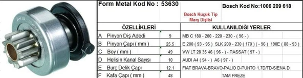 FORM METAL MARŞ DİŞLİSİ 9 DİŞ 10 KANAL BOSCH TİPİ MERCEDES C E200 VW LT PASSAT AUDI A4 FIAT PALIO TAM FREZE  DS=9 DKÇ=25,8 BOY=49,5 KS=10 BDÇ=11 GÇ=46,5 ürün görseli 1