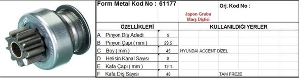 FORM METAL MARŞ DİŞLİSİ 9 DİŞ 8 KANAL JAPON TİPİ HYUNDAI ACCENT DIZEL TAM FREZE ürün görseli 1