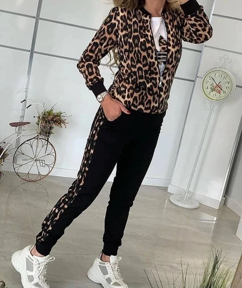 Kadın Uzun Kollu önden Fermuarlı Leopar Desen Detaylı Viskon Iki Iplik Kumaş Ikili Takım ürün görseli 1