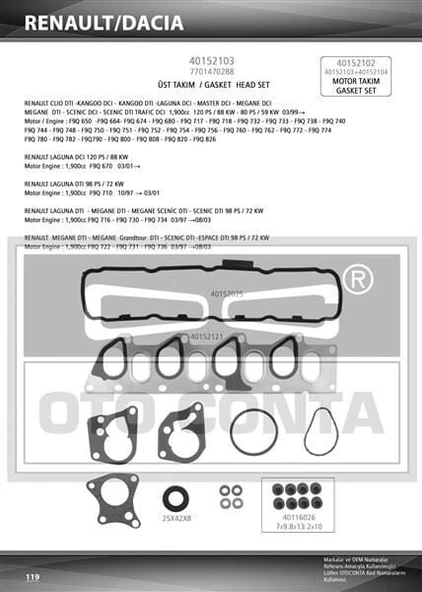 OTOCONTA MOTOR TAKIM CONTASI ÜST (KECELI SKCSIZ) MOVANO VIVARO LAGUNA RENAULT MEGANE KANGOO F9Q F9Q 710-730-734-770-772 ürün görseli 1