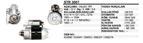 DODO MARŞ MOTORU 9 DİŞ 12V D9E RENAULT-R9/R11/R21 (83-94)/19 1.4 1.7 BENZİNLİ(95-)  VALEO TİP ürün görseli 1