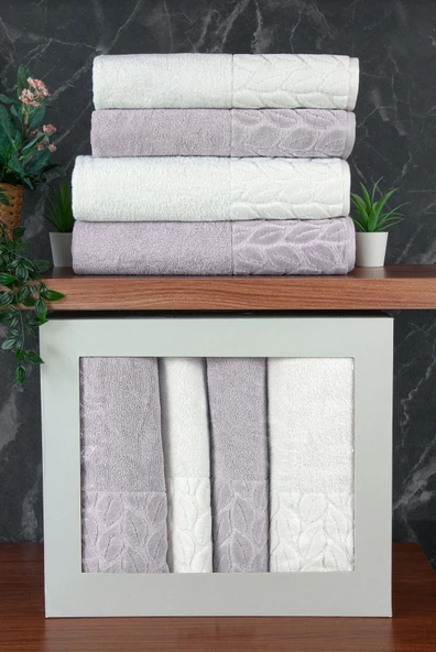 Hazal %100 Pamuklu Kutulu 4'lü Banyo Havlu Seti Hamam Takımı 50x90 - 90x150 Antrasit-Krem - 00081 ürün görseli 1