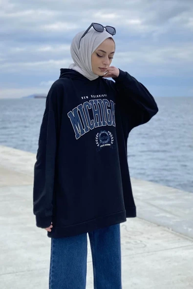 Mıchıgan Baskılı Kapüşonlu Sweatshirt - Resim 3