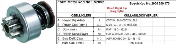 FORM METAL MARŞ DİŞLİSİ 9 DİŞ 10 KANAL BOSCH TİPİ OTOYOL 65.9 35.9 M23 FIAT ALLIS 480 500 ALFA ROMEO TAM FREZE TAM FR. DS=9 DKÇ=34,8 BOY=74 KS=10 BDÇ=14,3 GÇ=60 ürün görseli 1