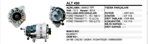 DODO ALTERNATÖR 12V 65A FORD TRANSIT T15 T12 T150 VAKUMLU (571) MAKO TİP ürün görseli 1
