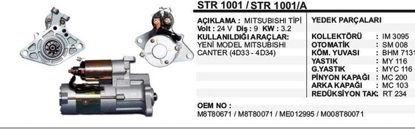 REMARK MARŞ MOTORU 9DİŞ  24V MITSUBISHI CANTER Y.M. MITSUBISHI TİP ürün görseli 1