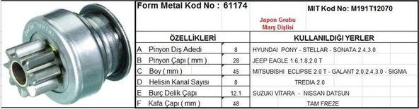 FORM METAL MARŞ DİŞLİSİ 8 DİŞ 8 KANAL JAPON TİPİ HYUNDAI ACCENT EXCEL SONATA NISSAN SUZUKI VITARA TAM FREZE ürün görseli 1