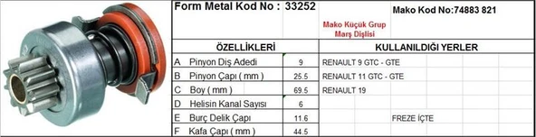 PMX MARŞ DİŞLİSİ 9 DİŞ 6 KANAL MAKO TİPİ R9 R11 GTC GTE R19 FREZE İÇTE ürün görseli 1