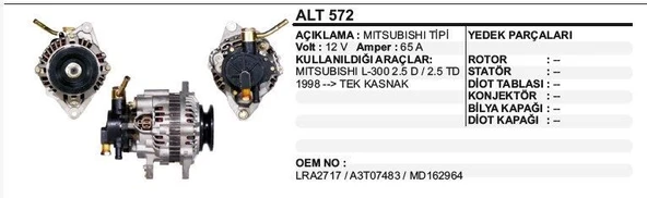 DODO ALTERNATÖR 12V 65A MITSUBISHI L300 98->2.5 D-TD VAKUMLU -TEK KASNAK MITSUBISHI TİP ürün görseli 1