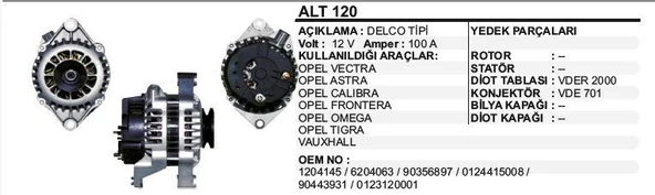 REMARK ALTERNATÖR 12V 100A OPEL VECTRA/ASTRA/CALIBRA/FRONTERA/OMEGA/TIGRA/VAUXHALL DELCO TİP ürün görseli 1