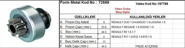 FORM METAL MARŞ DİŞLİSİ 8 DİŞ 5 KANAL VALEO TİPİ RENAULT CLIO KANGOO LAGUNA MEGANE R9 R11 R12 FREZE AZ ICTE  DS=8 DKÇ=23,9 BOY=44 KS=5 BDÇ=11 GÇ=46,5 ürün görseli 1
