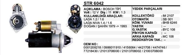 DODO MARŞ MOTORU 11 DİŞ 12V  FIAT  131 DKŞ 1600 (79-93) LADA NİVA BOSCH TİP ŞANZIMANLI(ÇOK SERİ) BOSCH T ürün görseli 1