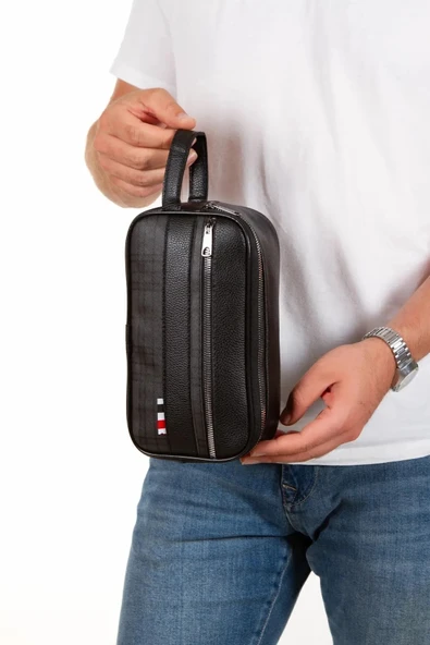 FHD BAGS Erkek Siyah Deri Portföy Clutch Traş Kozmetik Bakım Ve Günlük El Çantası ürün görseli 1