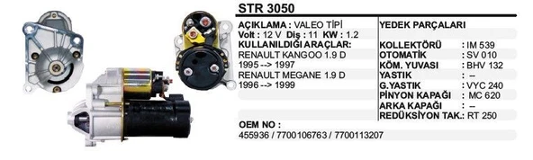 REMARK MARŞ MOTORU 11 DİŞ 12V D6R DİZEL RENAULT 19(95-97) / KANGOO / MEGANE 1.9 D (96-99)  VALEO TİP ürün görseli 1