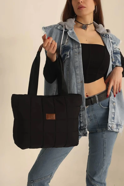 FHD BAGS Siyah Geniş Hacimli Kapitone Shopper Fermuarlı Tek Gözlü Okul Spor Iş Için El Kol Ve Omuz Çantası ürün görseli 1