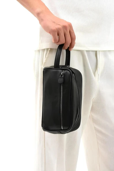FHD BAGS Siyah Hakiki Deri Erkek Tıraş el Portföy&Clutch Bakım Çantası ürün görseli 1