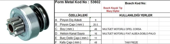 FORM METAL MARŞ DİŞLİSİ 9 DİŞ 16 KANAL BOSCH TİPİ OPEL CORSA FIAT ALBEA DOBLO PALIO MULTIJET TAM FREZE  DS=9 DKÇ=25,8 BOY=46 KS=16 BDÇ=11 GÇ=46,5 ürün görseli 1