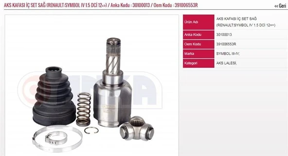 ANKA AKS KAFASI İÇ SET SAĞ 1.5 DCİ 2012-2024 RENAULT SYMBOL IV ürün görseli 1