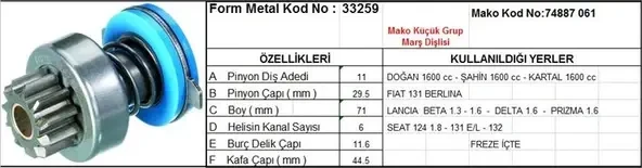 PMX MARŞ DİŞLİSİ 11 DİŞ 6 KANAL MAKO TİPİ TOFAS DOGAN SAHIN KARTAL M124 M131 LANCIA DELTA FREZE İÇTE ürün görseli 1