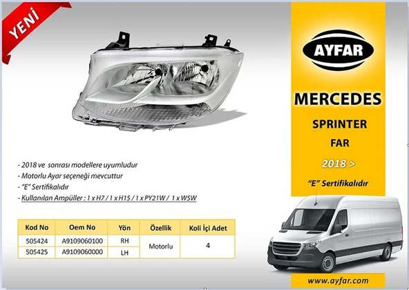 AYFAR FAR MOTORLU SOL MERCEDES SPRİNTER 2018-> ürün görseli 1