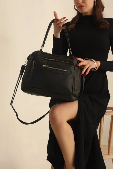 FHD BAGS Kadın Siyah Çok Gözlü Deri Görünümlü Çapraz Askılı Omuz Çantası ürün görseli 1