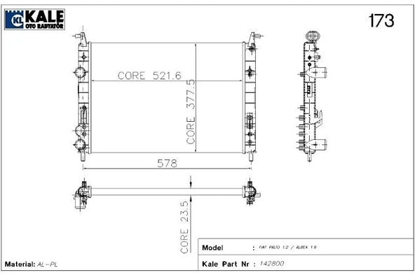 KALE RADYATÖR FIAT PALIO 1.2 AC/ALBEA 1.6 2 SIRA AL+PL SİSTEM (522X378X23.5) ürün görseli 1