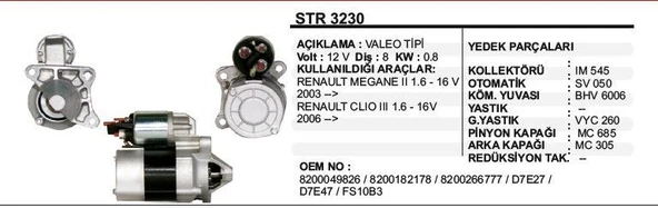 DODO MARŞ MOTORU 8 DİŞ 12V D7E RENAULT MEGANE II / CLIO III 1.6-16 98->8200266777 1.5 CLIO AYNI  VALEO Tİ ürün görseli 1