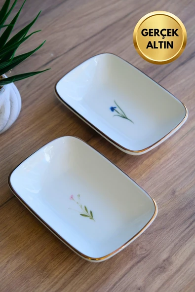Tabak Evi Porselen Natura Karma Altın Yaldızlı Dikdörtgen Kayık Tabak 14X9,8cm 2 Parça ürün görseli 1